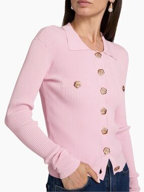 Generation Love Pink Ribbed Cardigan with Gold Floral Buttons